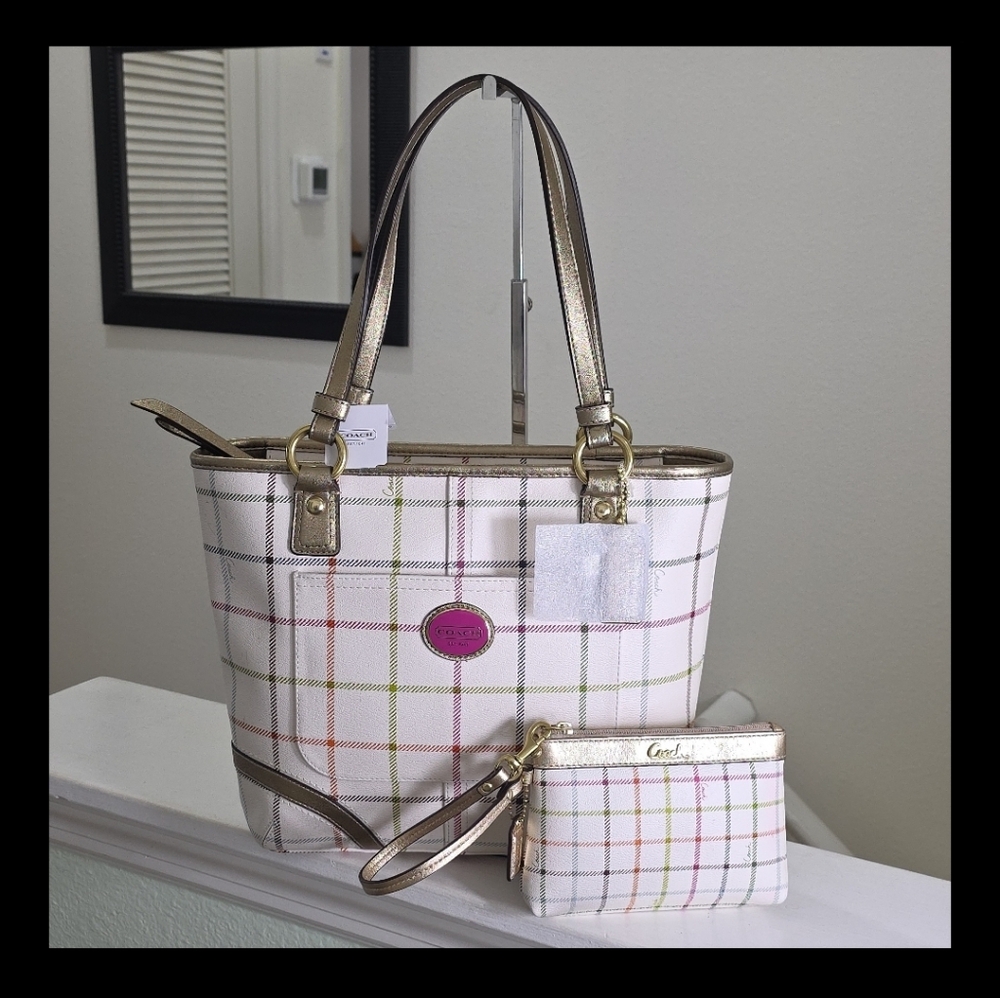 COACH F20093 Peyton Tattersall Pink Plaid Shoulder Bag NWT/Matching Wristlet EUC